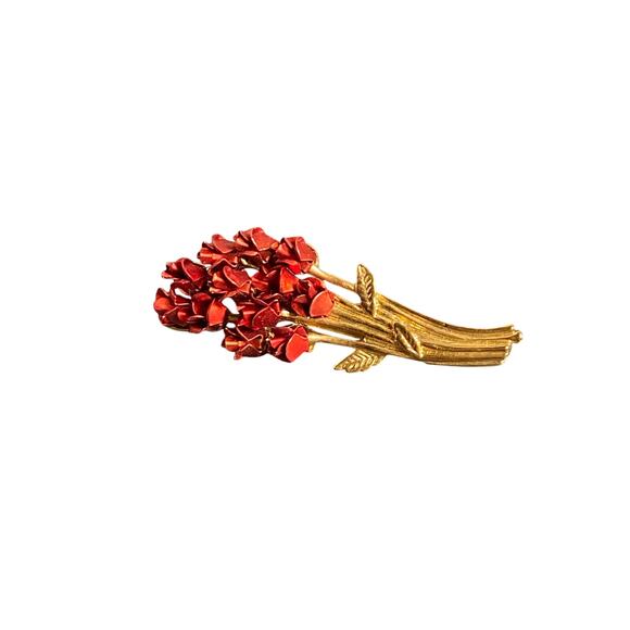 Pin Brooch Bouquet of Red Roses Goldtone 2 in X .75 in Marked Joesph Warner (W) - Picture 4 of 11